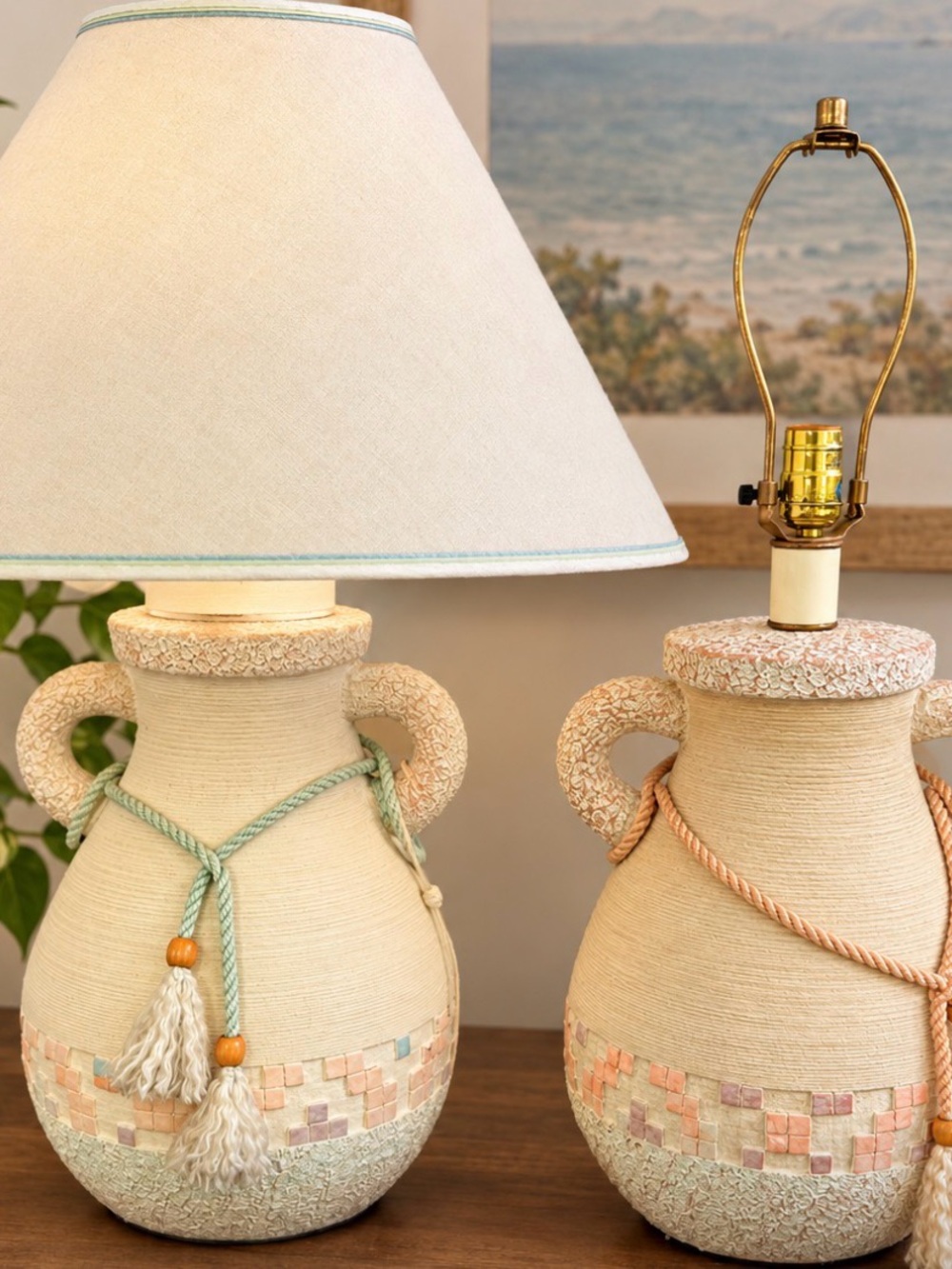 Cream Textured Ceramic Table Lamp with Pastel Mosaic Accent
